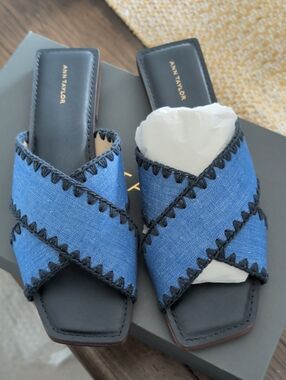 Ann Taylor Blue Denim Crisscross Slide Mules